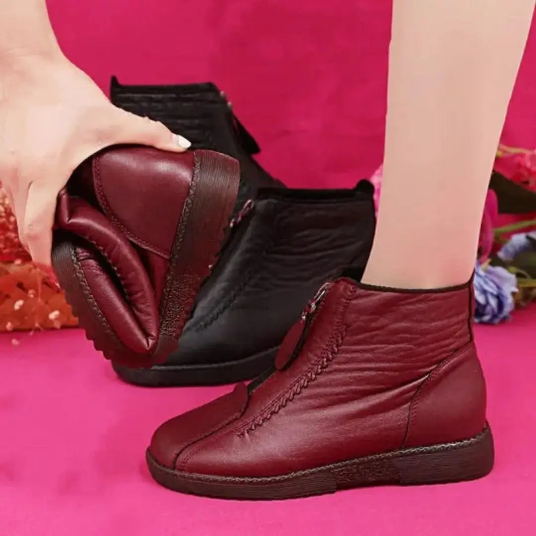 Women's Fleece-Lined Non-Slip Zip-Up Leather Ankle Boots