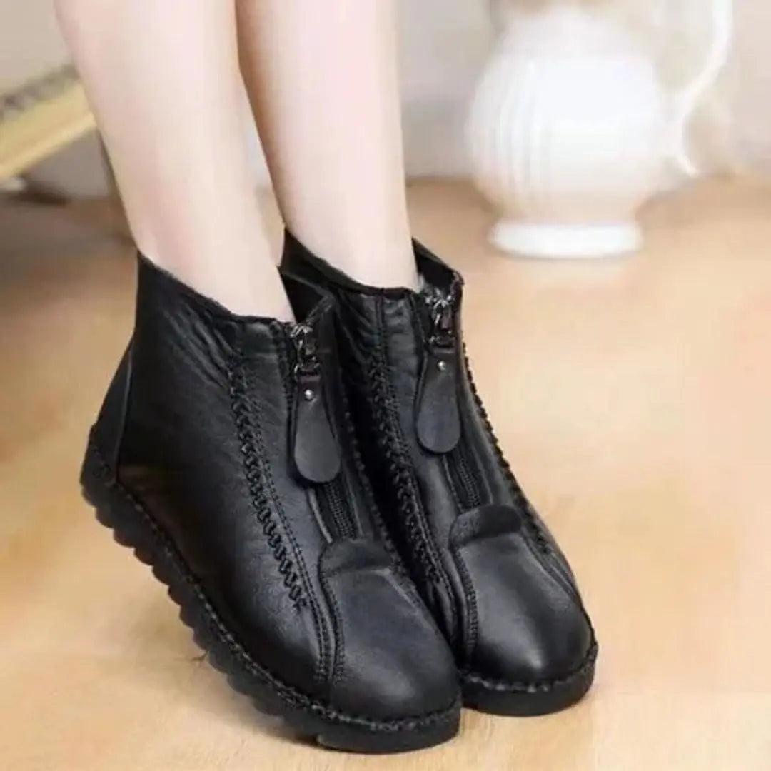 Women's Fleece-Lined Non-Slip Zip-Up Leather Ankle Boots