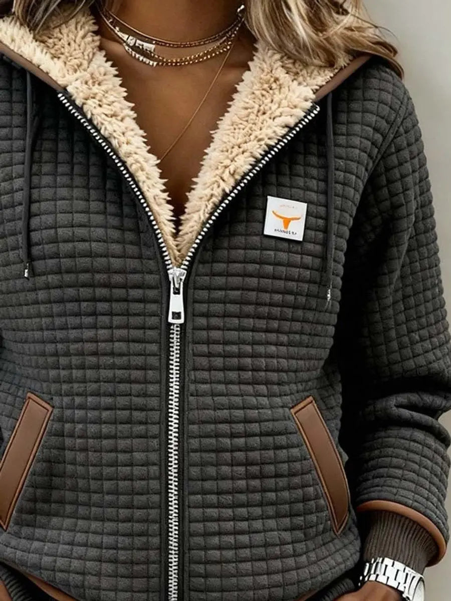 Women's Fleece-Lined Quilted Jacket Sherpa Zip-Up Hoodie