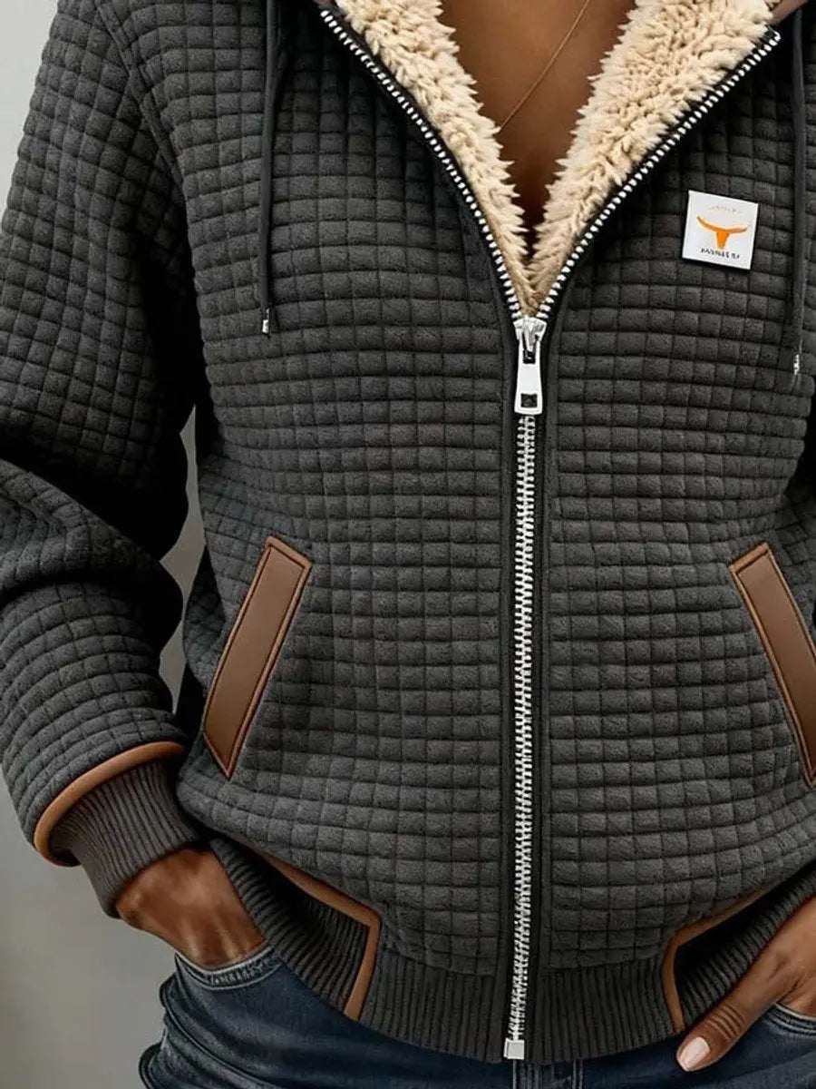 Women's Fleece-Lined Quilted Jacket Sherpa Zip-Up Hoodie