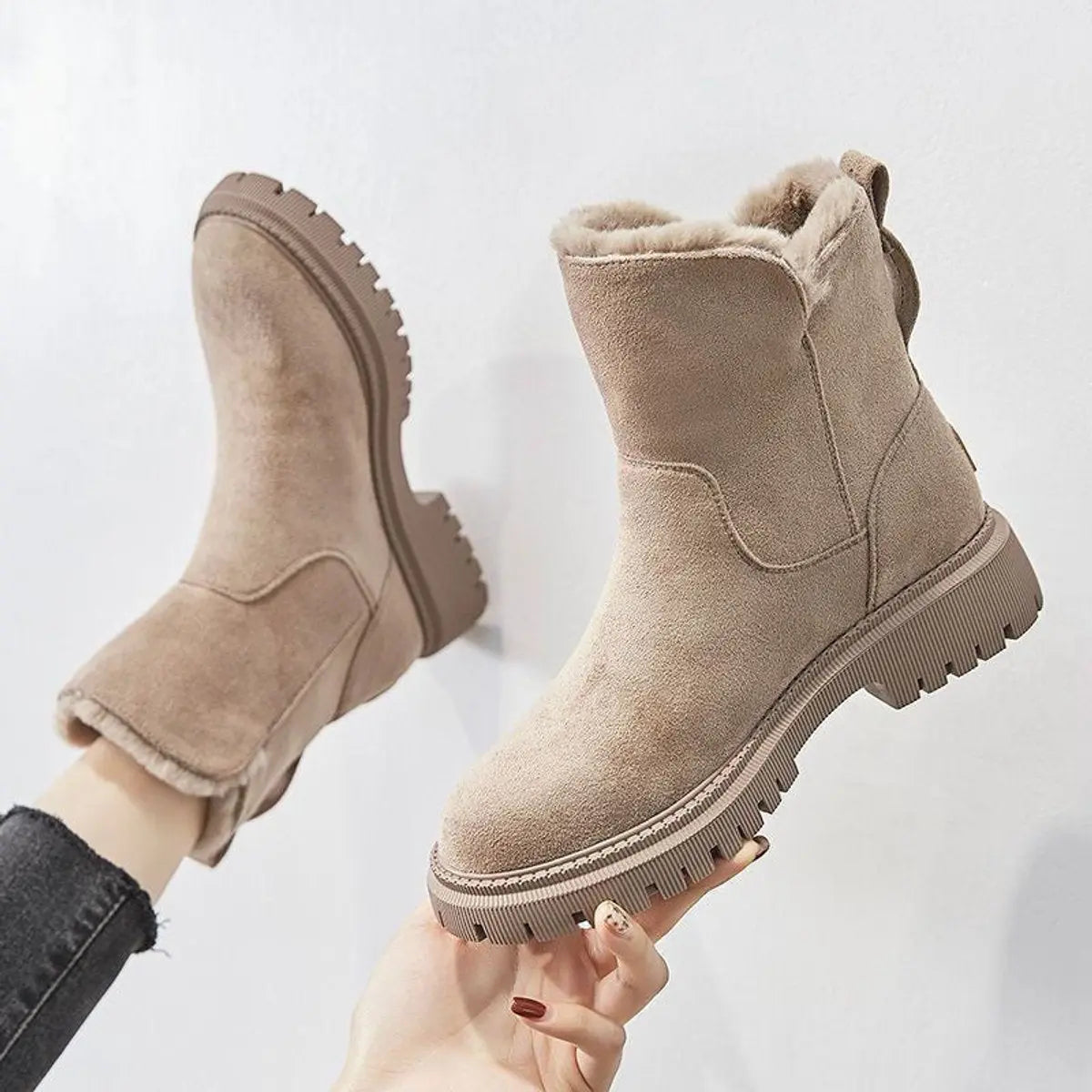 Women's Fleece-Lined Suede Slip-On Ankle Boots - Beige