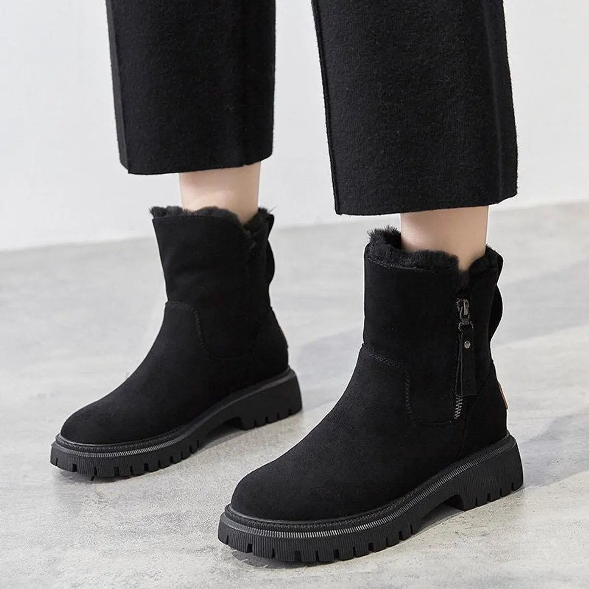 Women's Fleece-Lined Suede Slip-On Ankle Boots - Black
