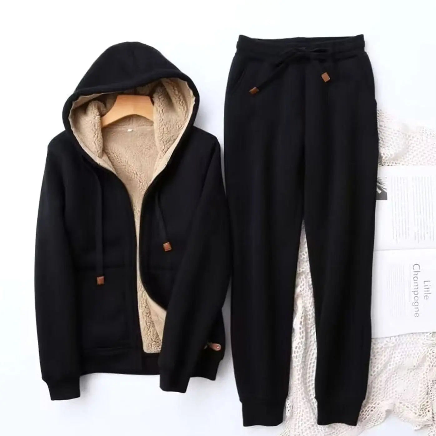 Women's Fleece-Lined Winter Hoodie Jogger Set - Black