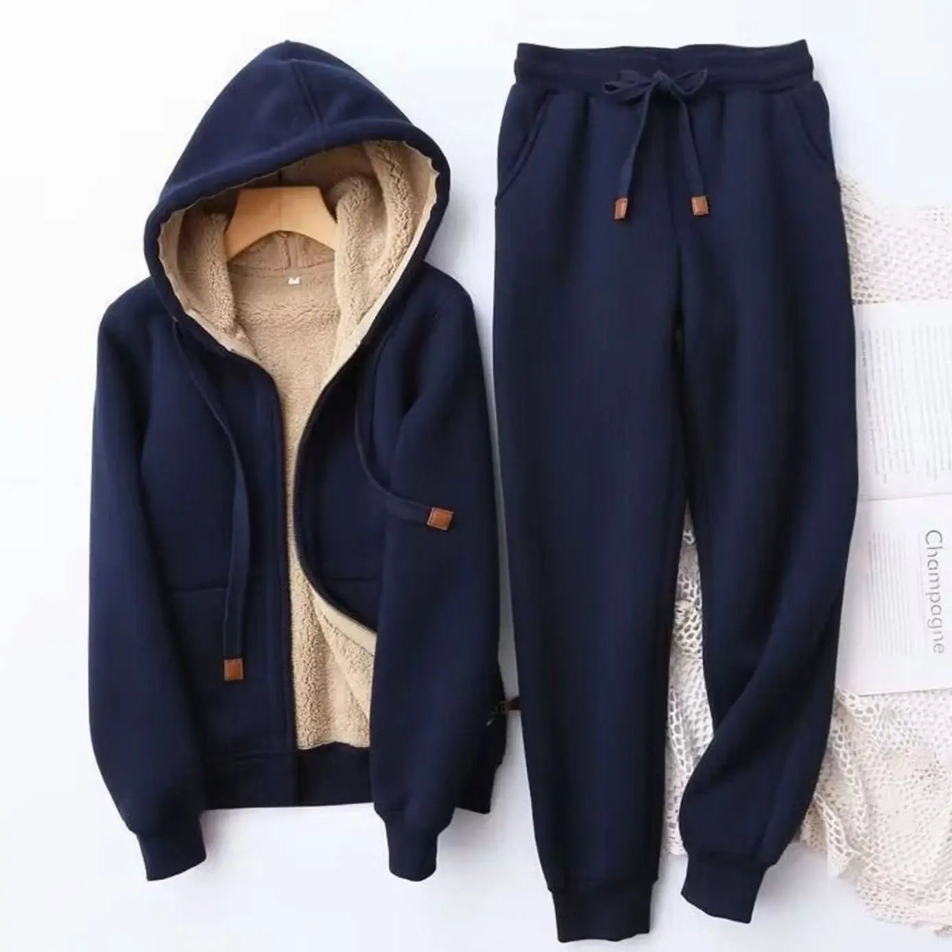 Women's Fleece-Lined Winter Hoodie Jogger Set - Blue