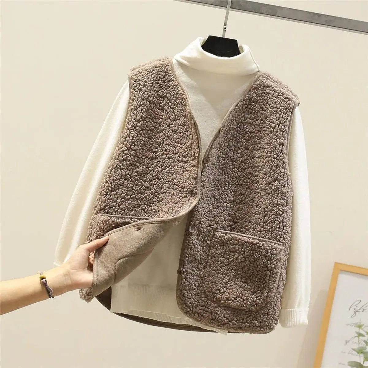 Women's Fleece Puffer Vest Button-Up Sherpa Gilet - Khaki