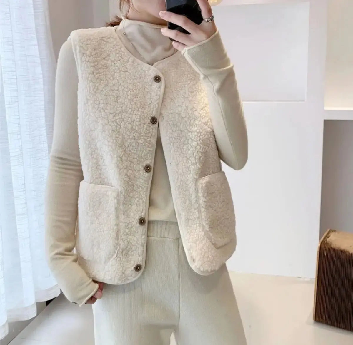 Women's Fleece Puffer Vest Button-Up Sherpa Gilet