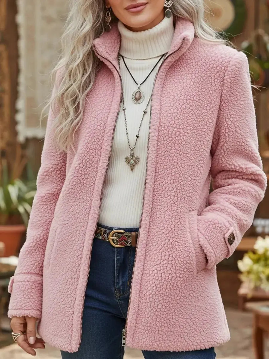 Women's Fleece Teddy Zip-Up Coat Stand Collar - Pink