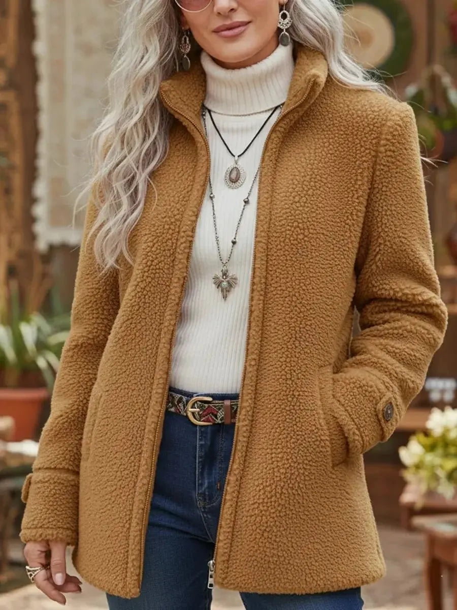 Women's Fleece Teddy Zip-Up Coat Stand Collar - Camel