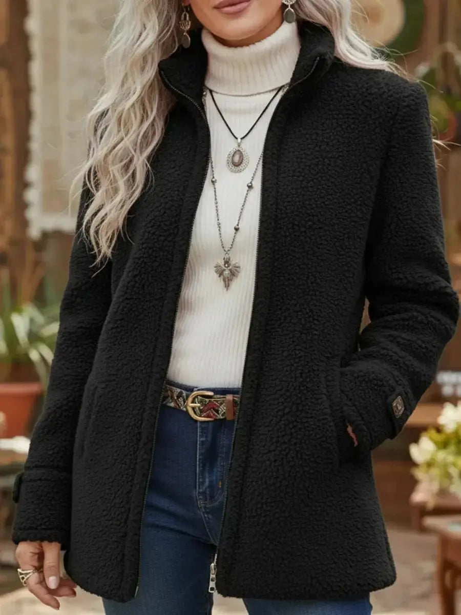 Women's Fleece Teddy Zip-Up Coat Stand Collar - Black