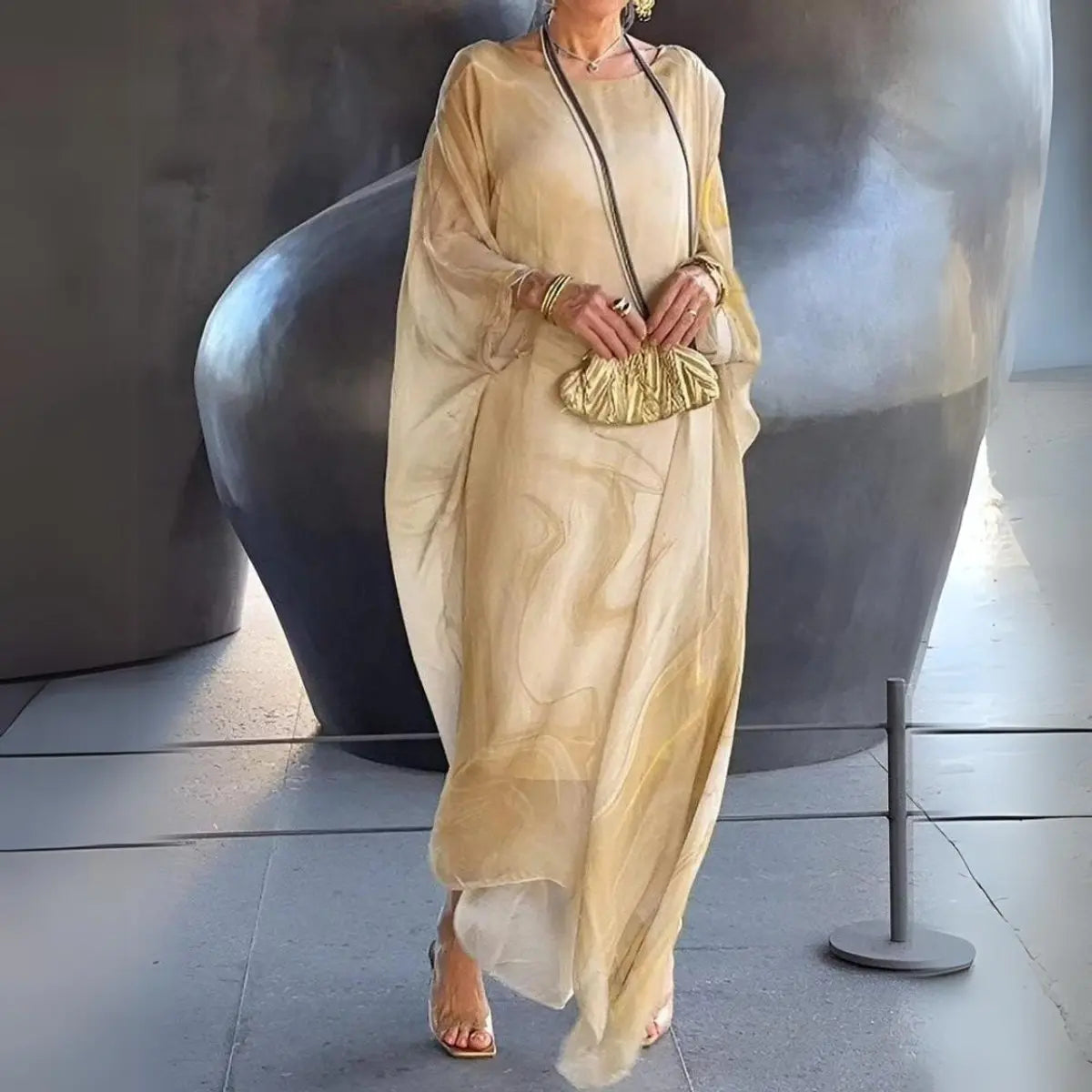 Women's Floaty Maxi Long Sleeve Dress Round Neck Batwing - Yellow