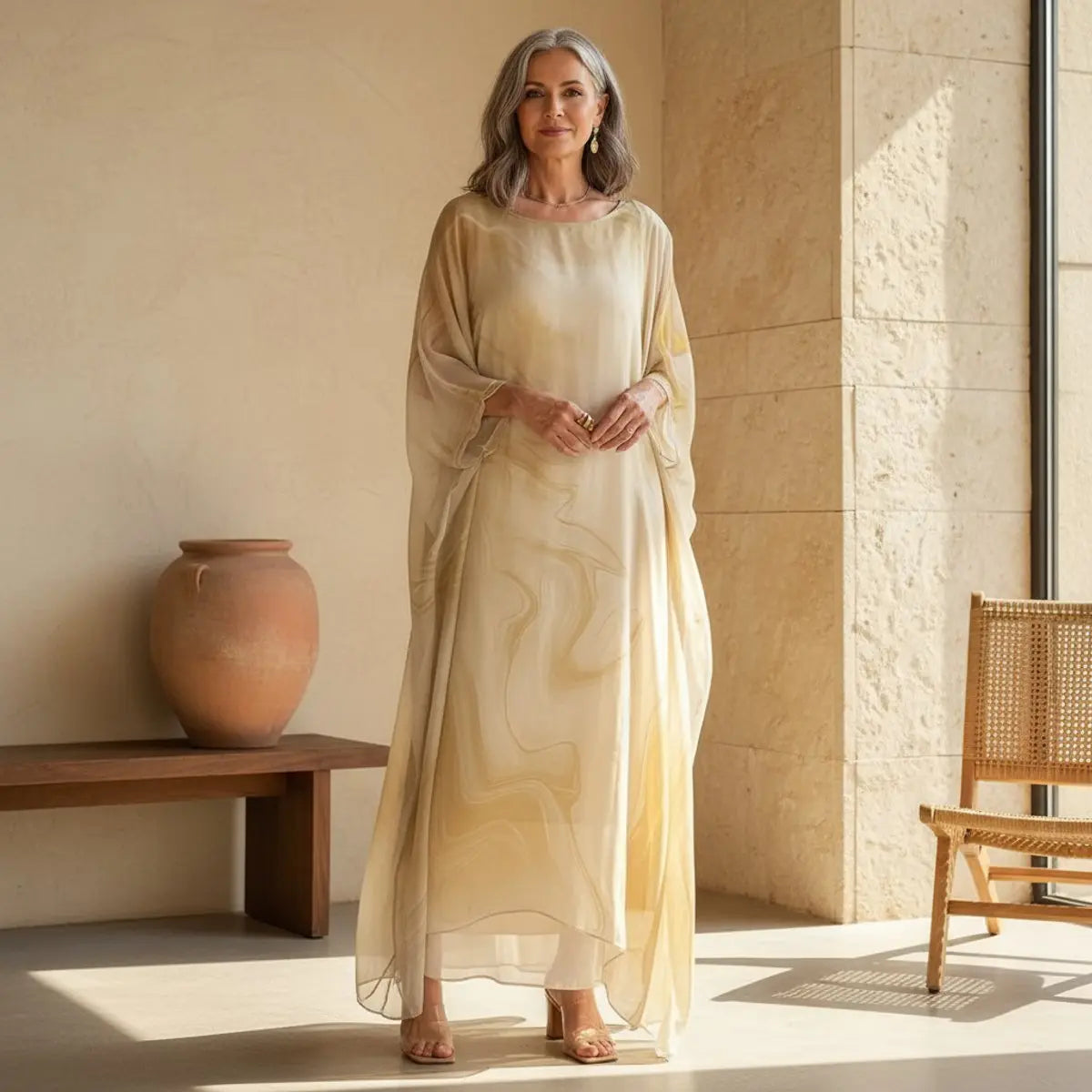Women's Floaty Maxi Long Sleeve Dress Round Neck Batwing