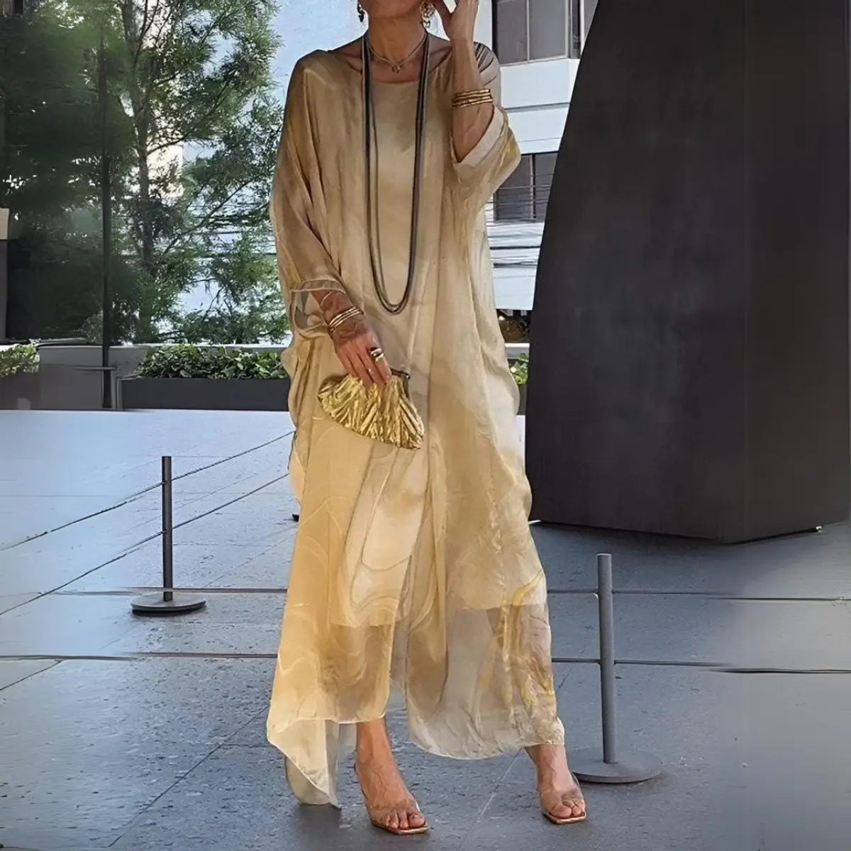 Women's Floaty Maxi Long Sleeve Dress Round Neck Batwing