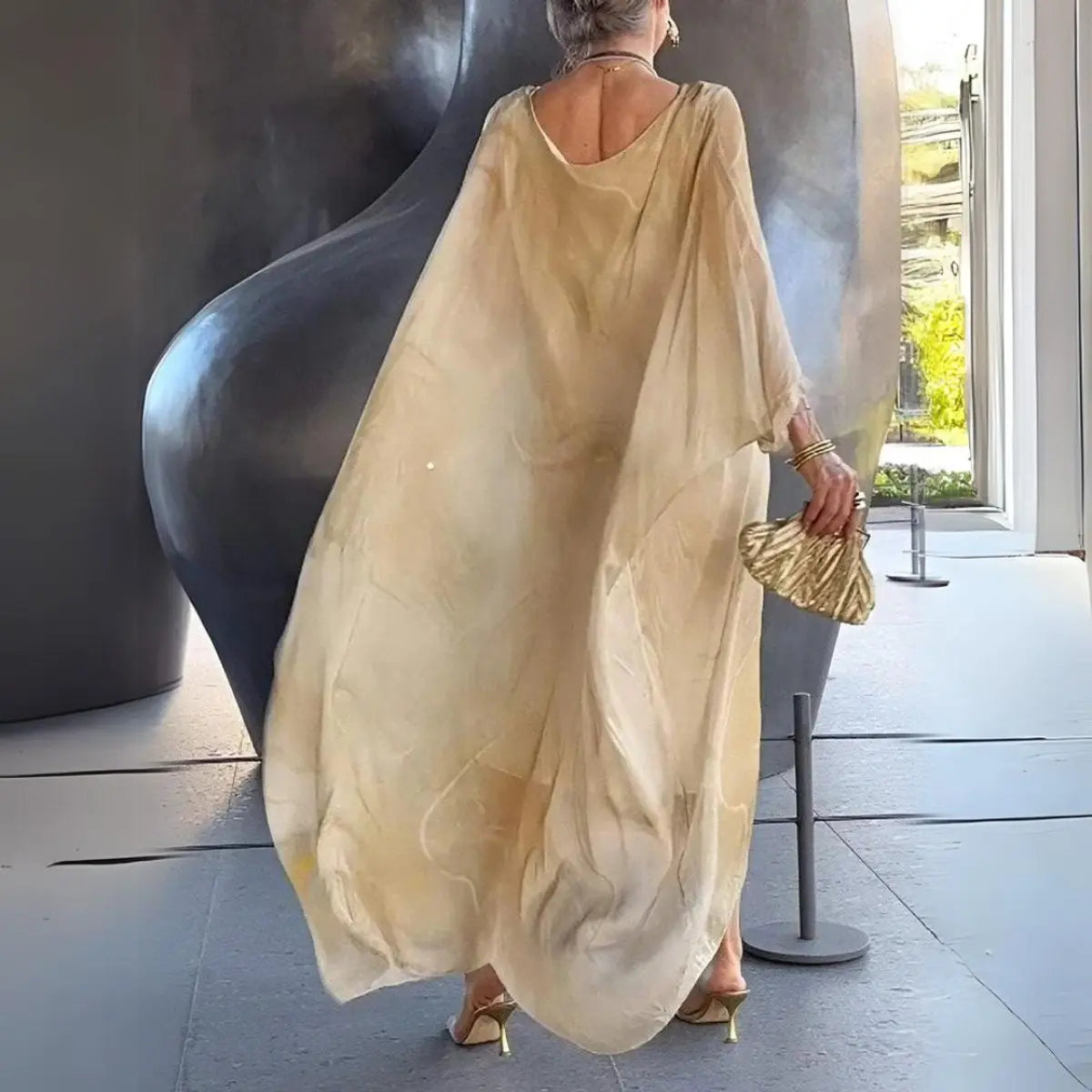 Women's Floaty Maxi Long Sleeve Dress Round Neck Batwing