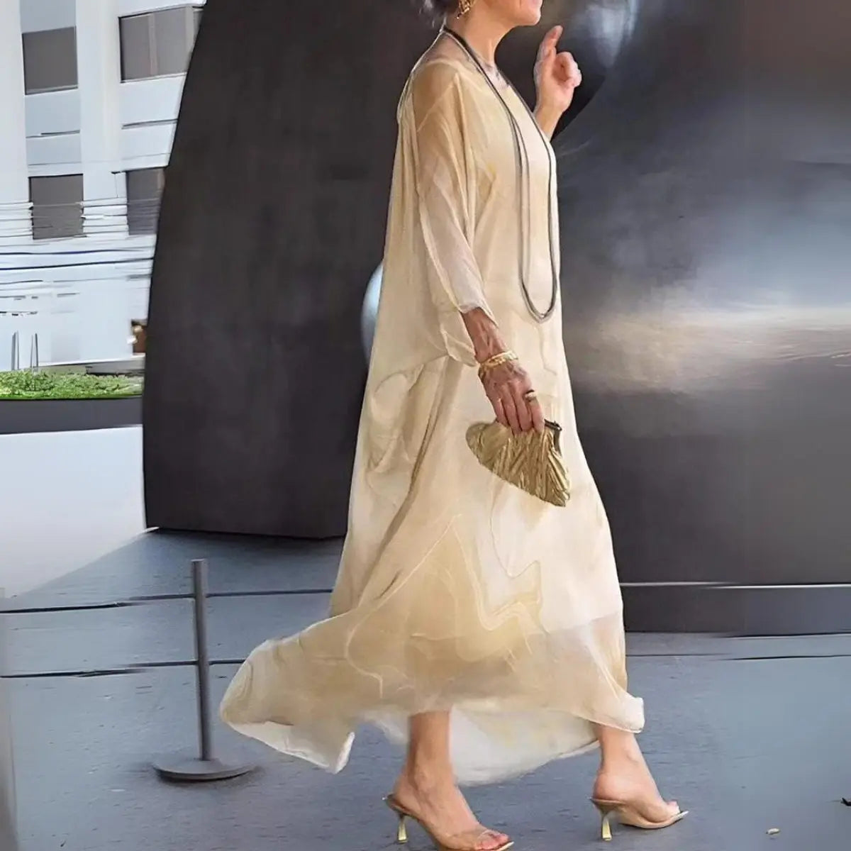 Women's Floaty Maxi Long Sleeve Dress Round Neck Batwing