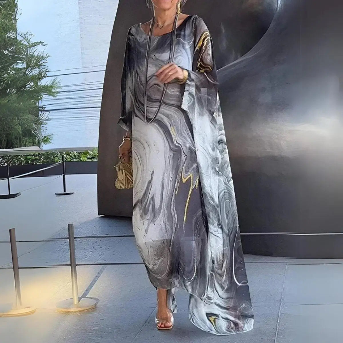 Women's Floaty Maxi Long Sleeve Dress Round Neck Batwing