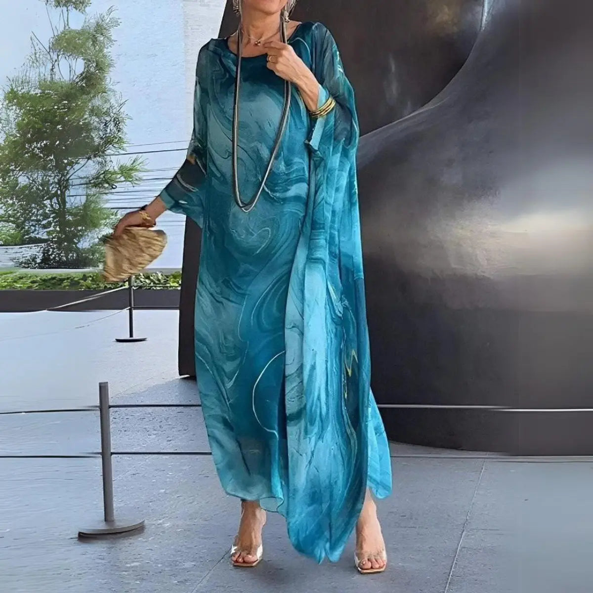 Women's Floaty Maxi Long Sleeve Dress Round Neck Batwing - Blue