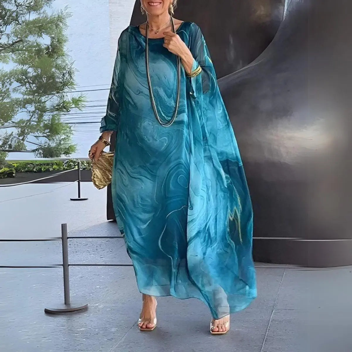 Women's Floaty Maxi Long Sleeve Dress Round Neck Batwing