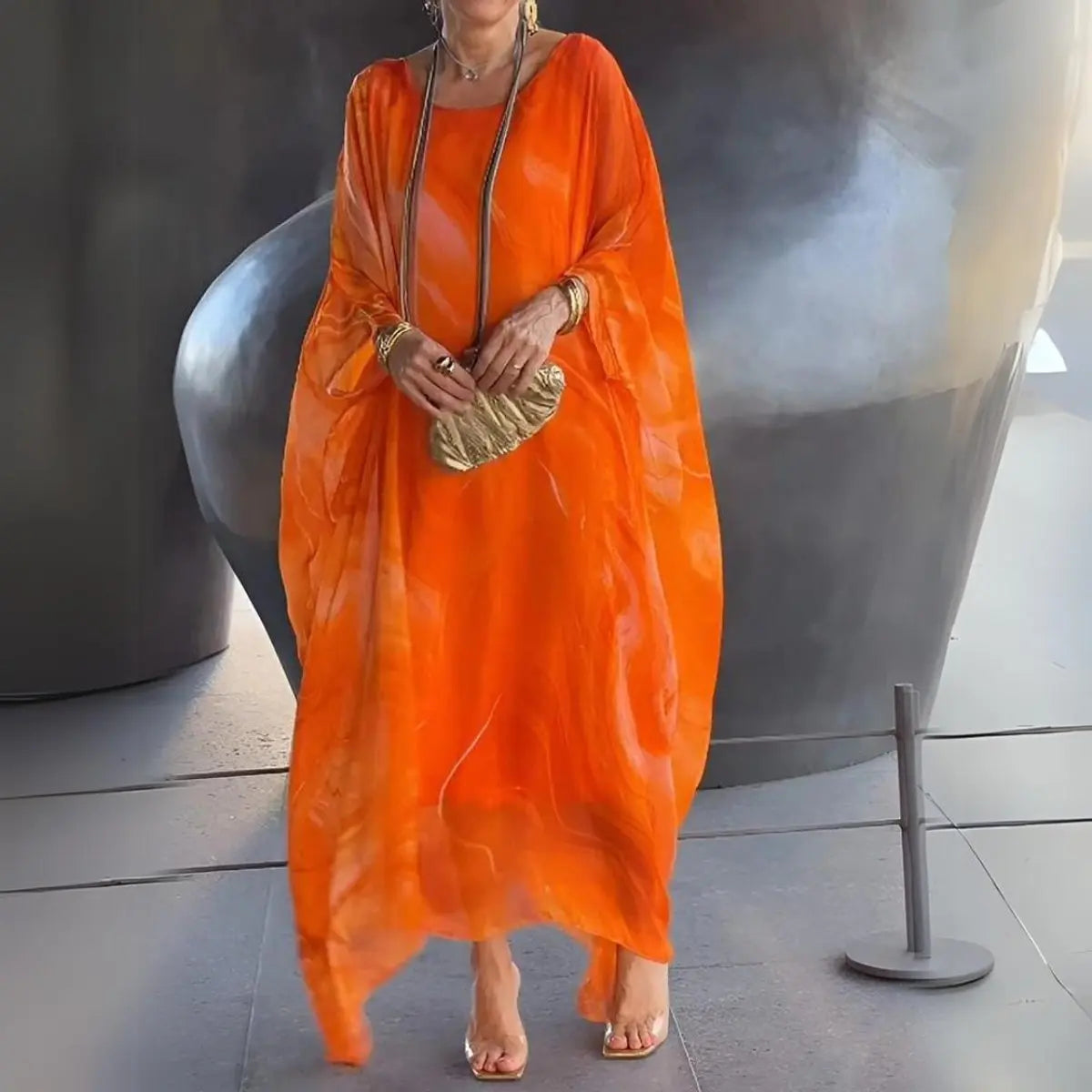 Women's Floaty Maxi Long Sleeve Dress Round Neck Batwing - Orange