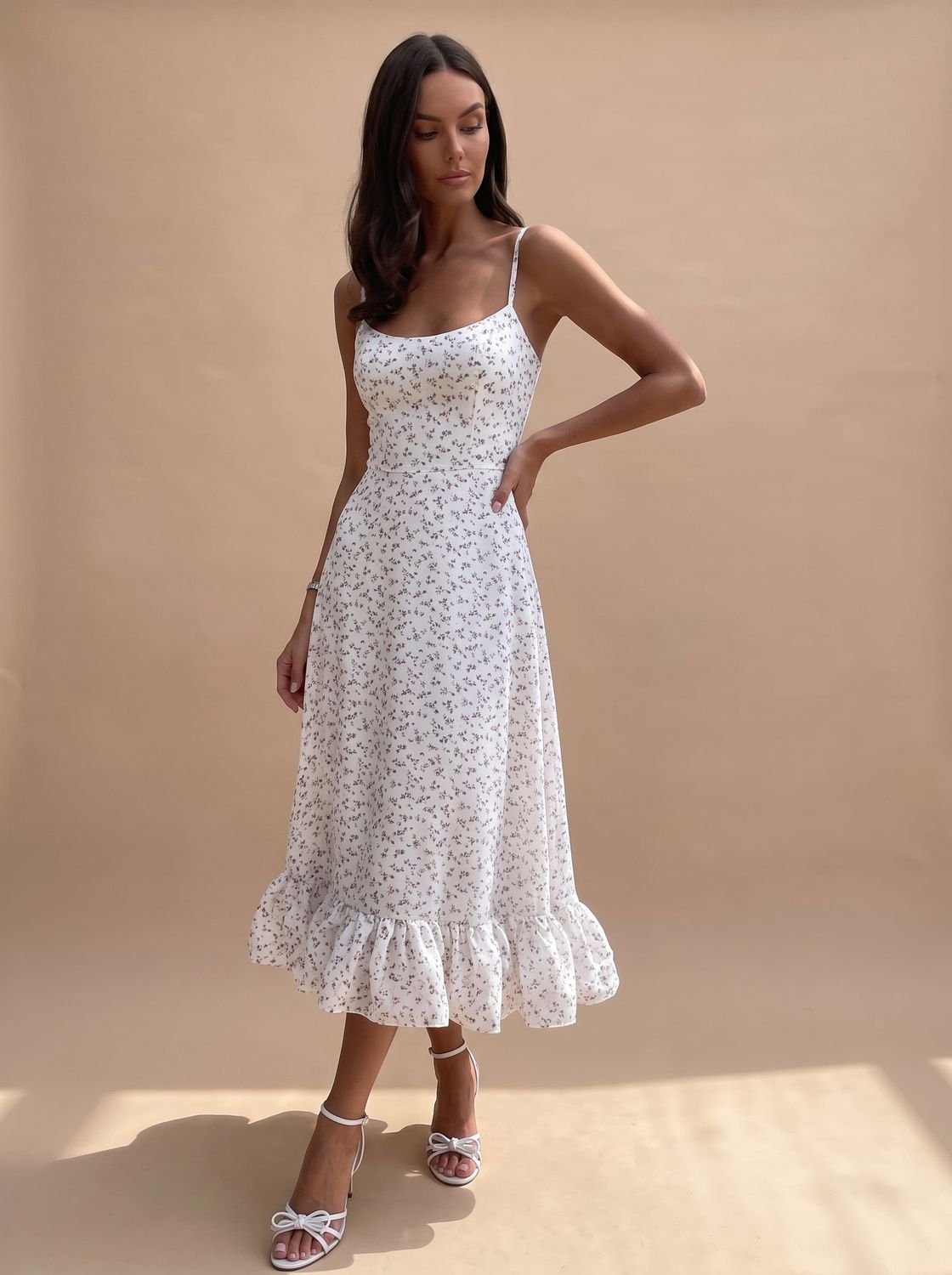 Women's Floral A-Line Midi Dress Spaghetti Strap Ruffle Hem
