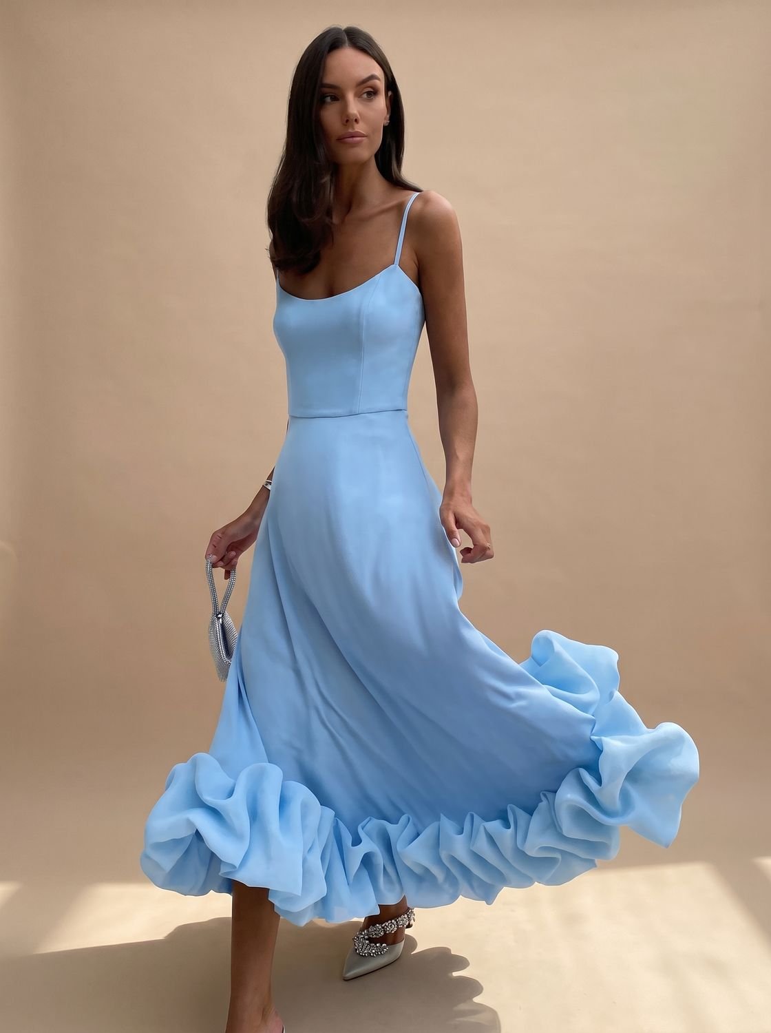 Women's Floral A-Line Midi Dress Spaghetti Strap Ruffle Hem - Blue