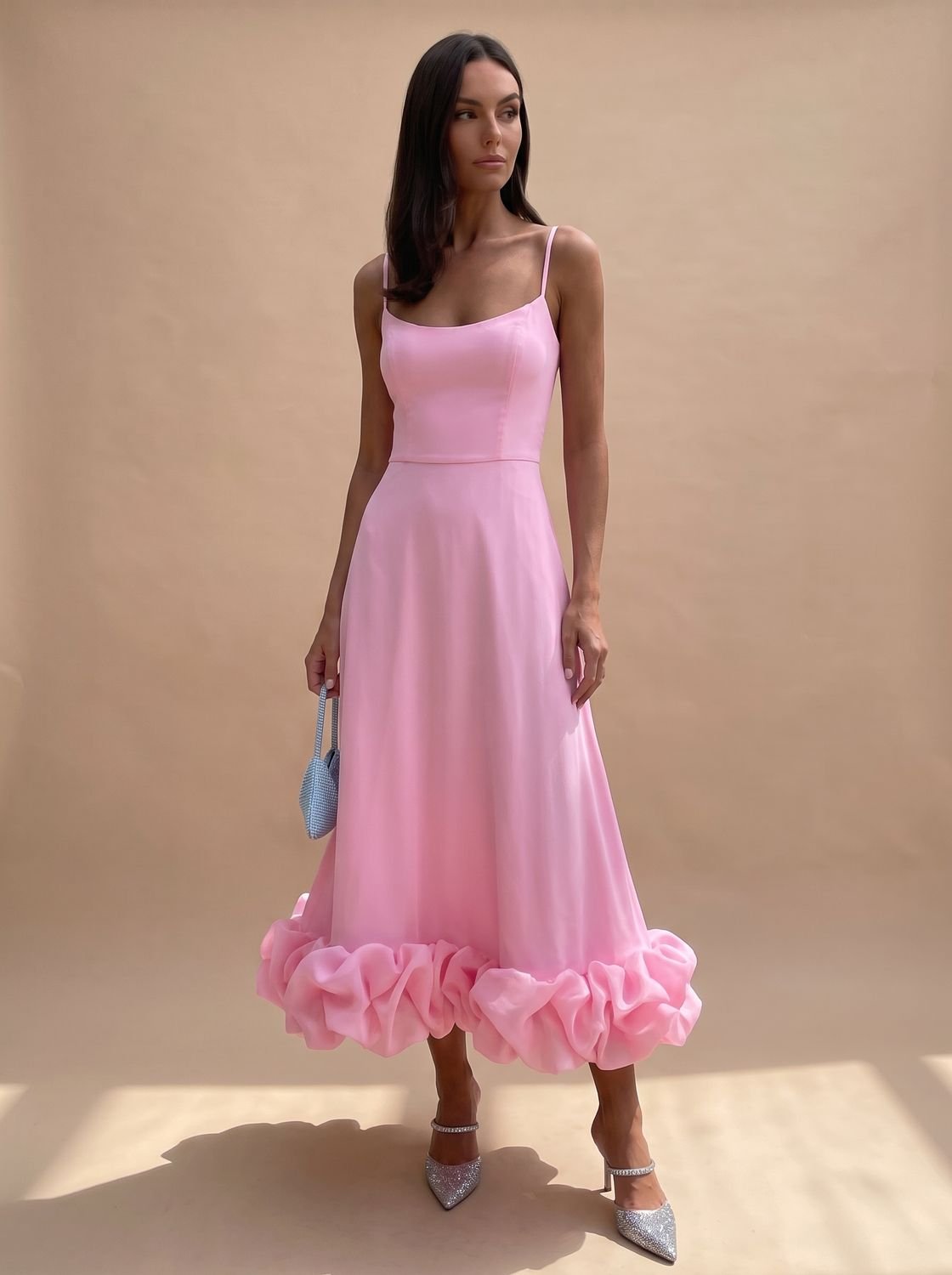 Women's Floral A-Line Midi Dress Spaghetti Strap Ruffle Hem - Pink