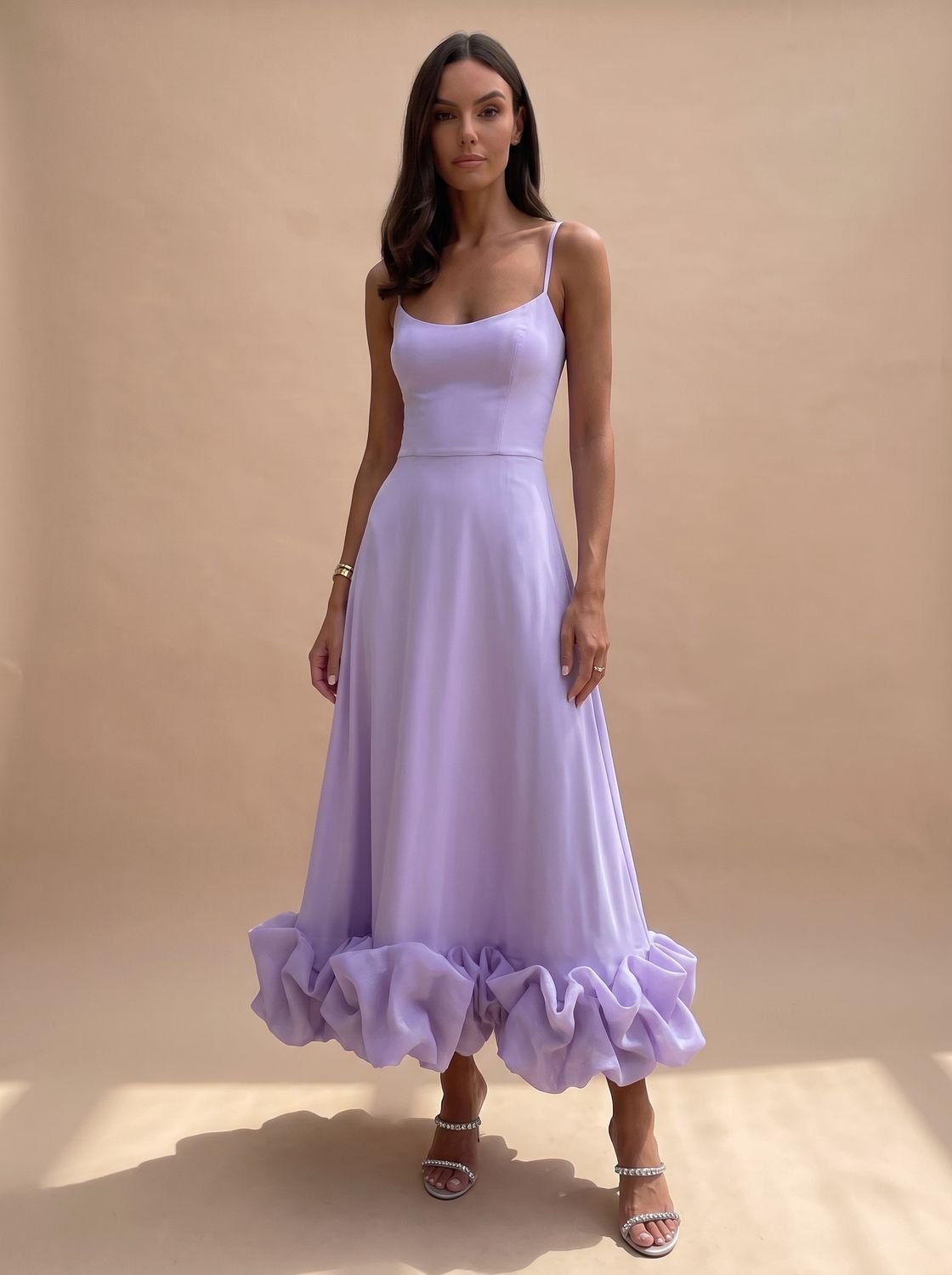 Women's Floral A-Line Midi Dress Spaghetti Strap Ruffle Hem - Purple
