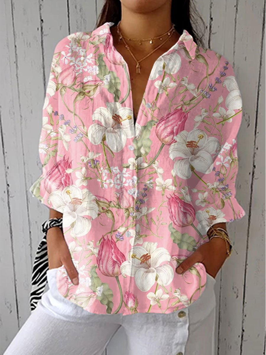 Women's Floral Button Front Blouse V-Neck Relaxed - Multicolor