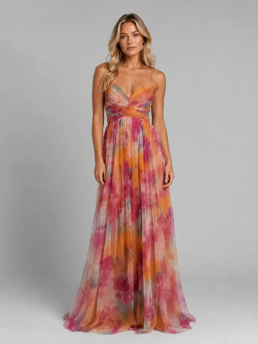 Women's Floral Chiffon V-Neck Maxi Dress Flowing Silhouette - Orange