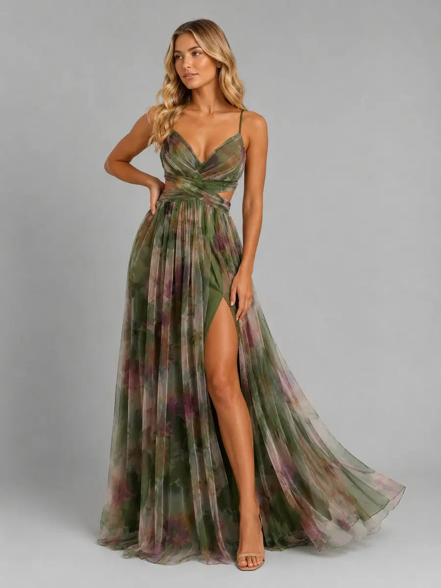 Women's Floral Chiffon V-Neck Maxi Dress Flowing Silhouette - Green