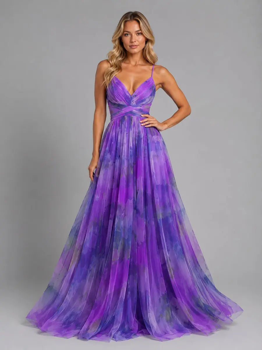 Women's Floral Chiffon V-Neck Maxi Dress Flowing Silhouette - Purple