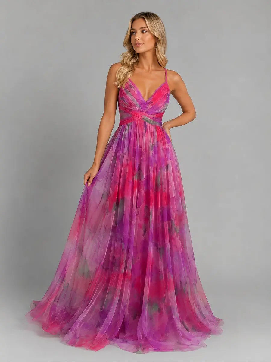 Women's Floral Chiffon V-Neck Maxi Dress Flowing Silhouette - Pink