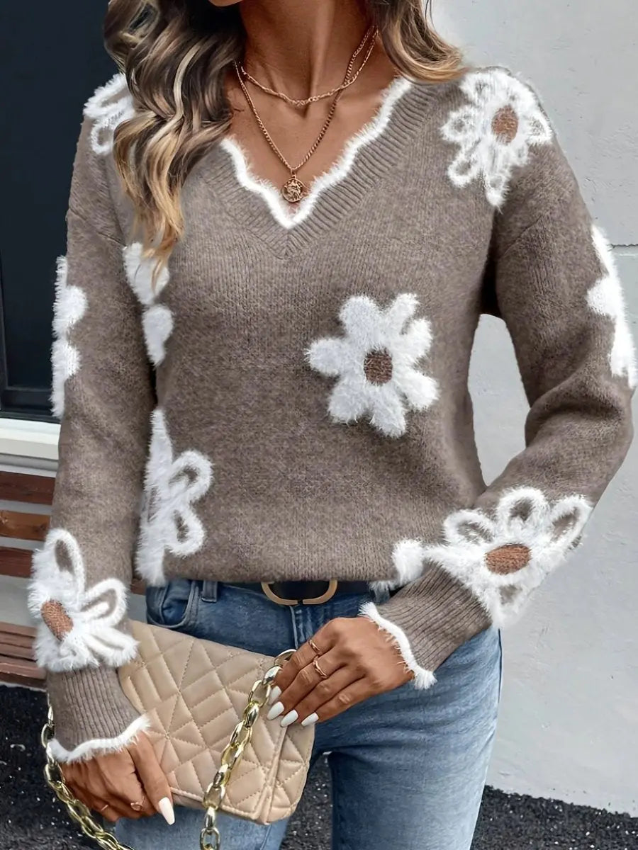 Women's Floral Daisy V-Neck Long Sleeve Knit Sweater Jumper - Khaki