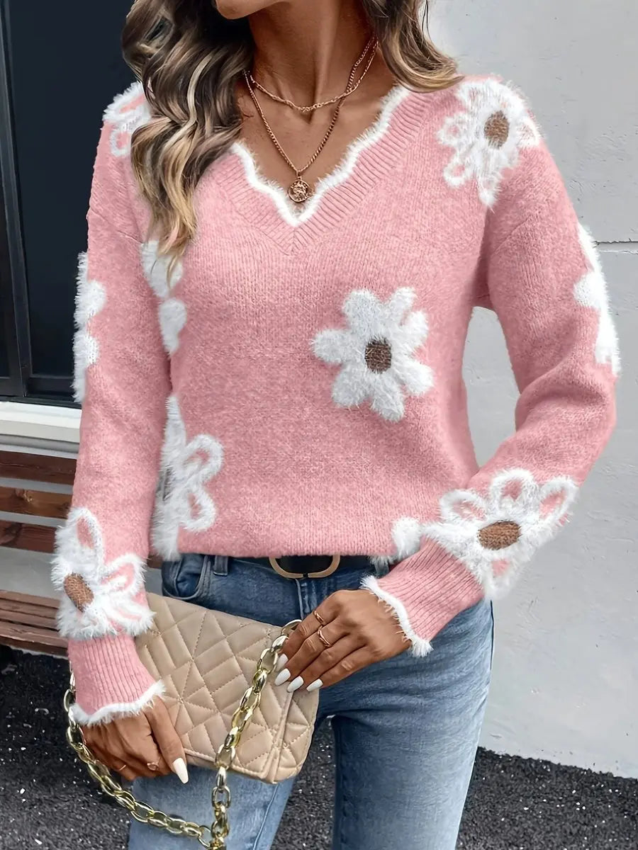 Women's Floral Daisy V-Neck Long Sleeve Knit Sweater Jumper