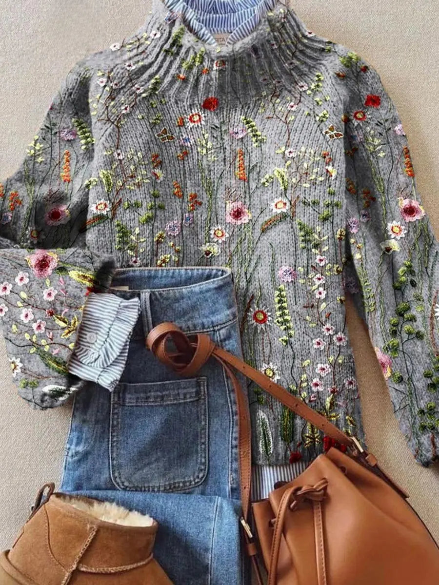 Women's Floral Embroidered Knit Turtleneck Sweater - Multicolour