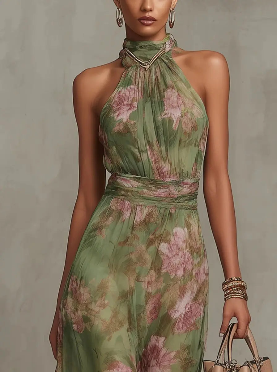 Women's Floral Halterneck Chiffon Midi Dress