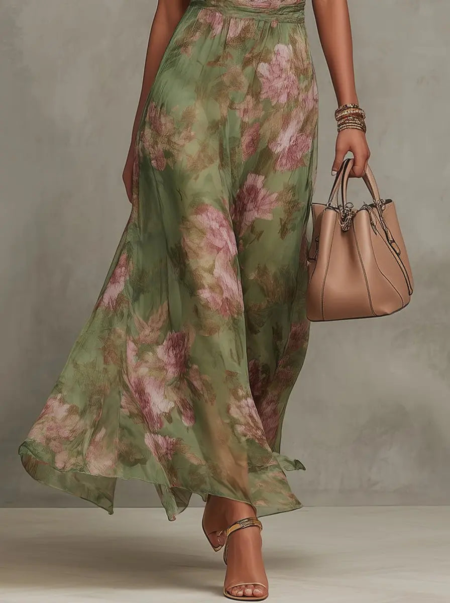 Women's Floral Halterneck Chiffon Midi Dress