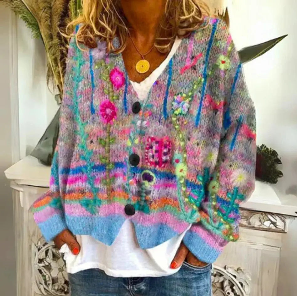 Women's Floral Knit Button-Up Cardigan Puffer Vest Women Style - Blue