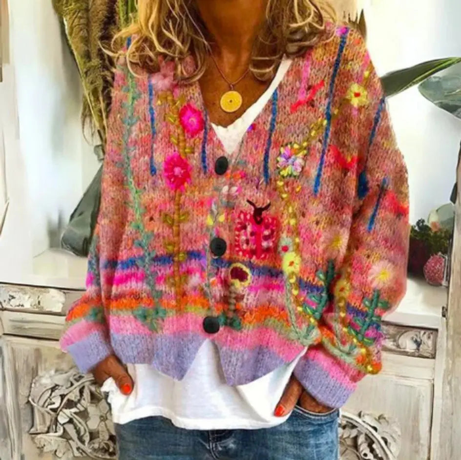 Women's Floral Knit Button-Up Cardigan Puffer Vest Women Style - Red