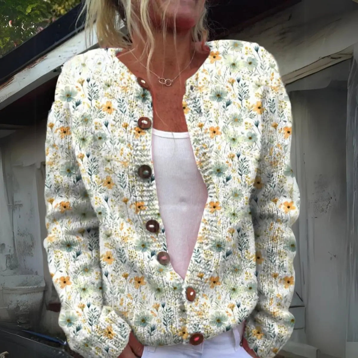 Women's Floral Knit Button-Up Cardigan Vest - Green