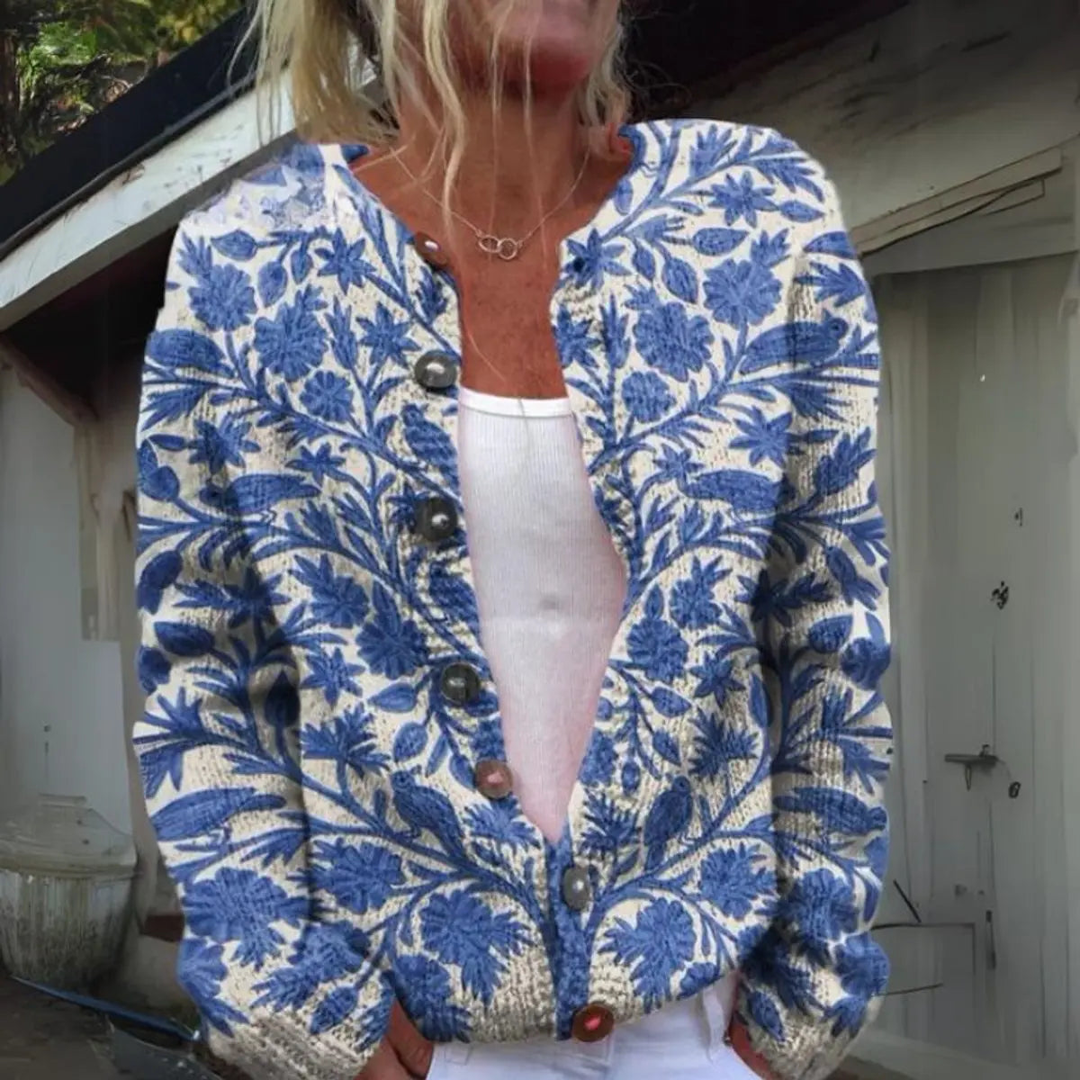 Women's Floral Knit Button-Up Cardigan Vest - Blue