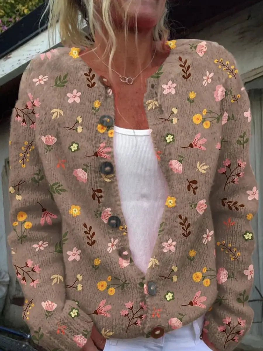 Women's Floral Knit Button-Up Cardigan Vest - Brown