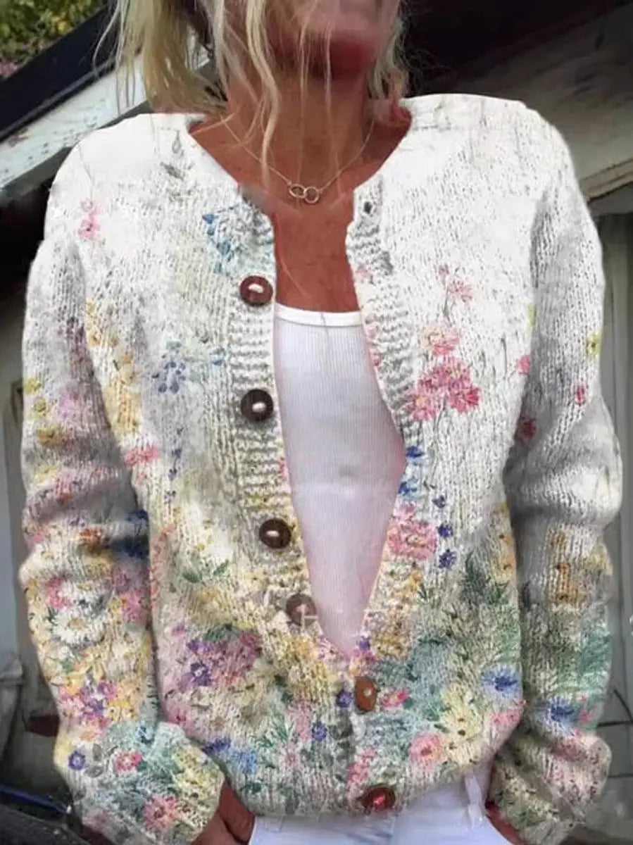 Women's Floral Knit Button-Up Cardigan Vest - White