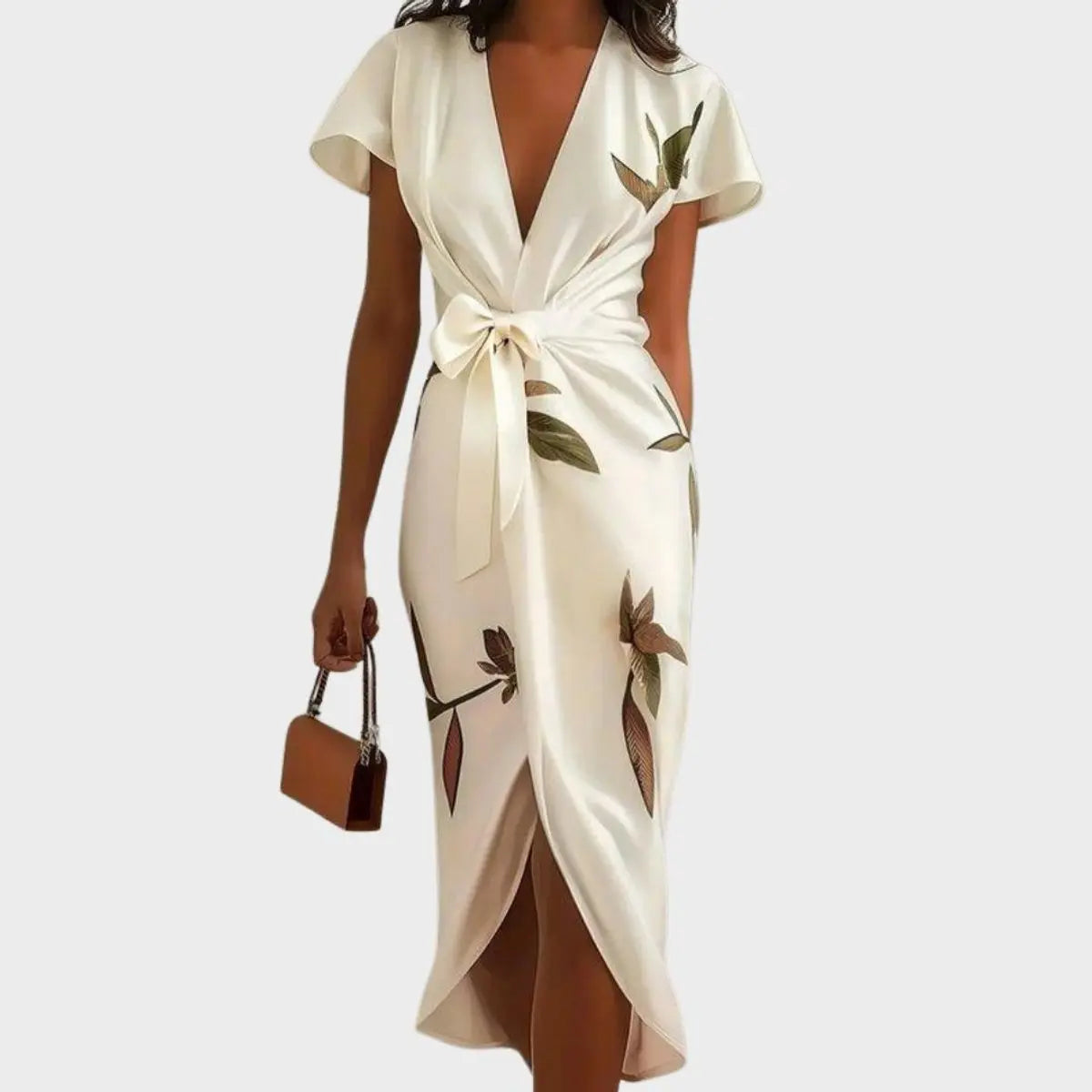 Women's Floral Leaf-Print V-Neck Wrap Midi Dress