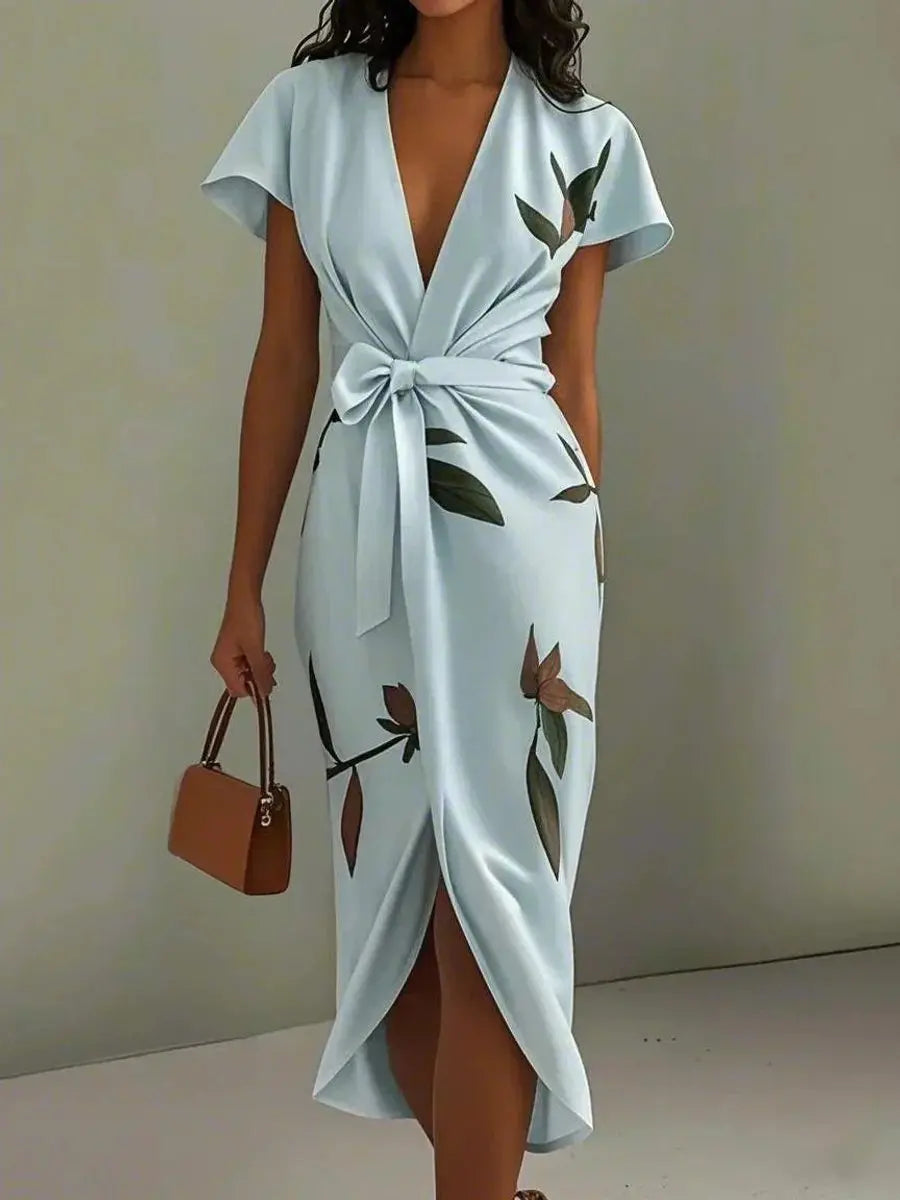 Women's Floral Leaf-Print V-Neck Wrap Midi Dress - Light Blue