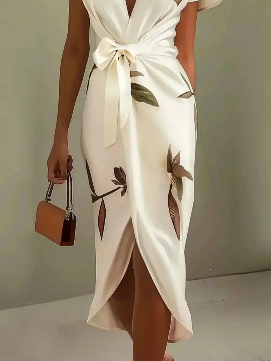 Women's Floral Leaf-Print V-Neck Wrap Midi Dress