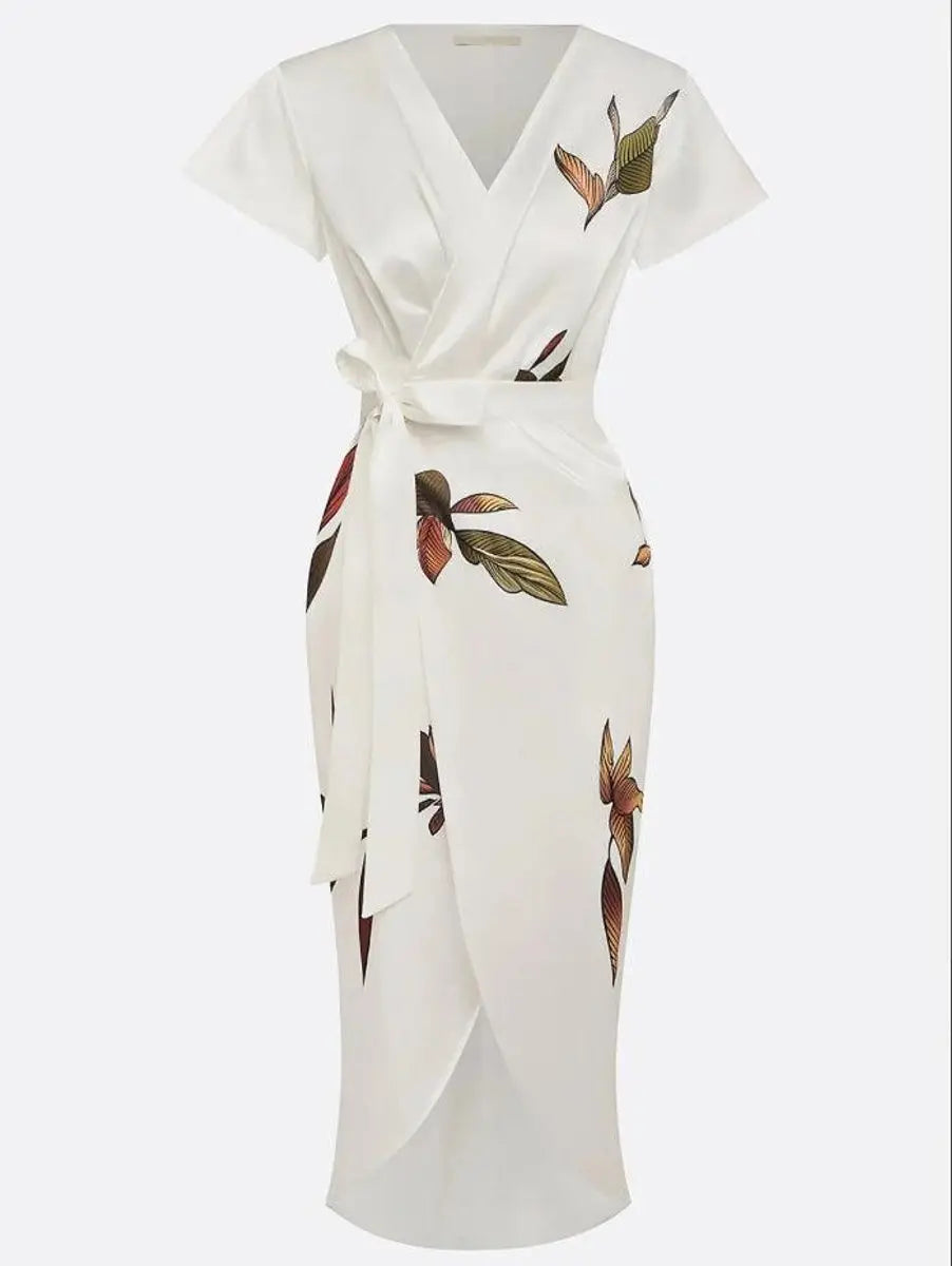 Women's Floral Leaf-Print V-Neck Wrap Midi Dress
