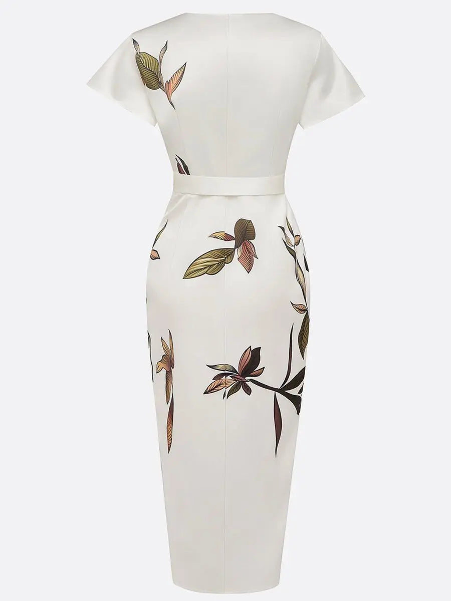 Women's Floral Leaf-Print V-Neck Wrap Midi Dress