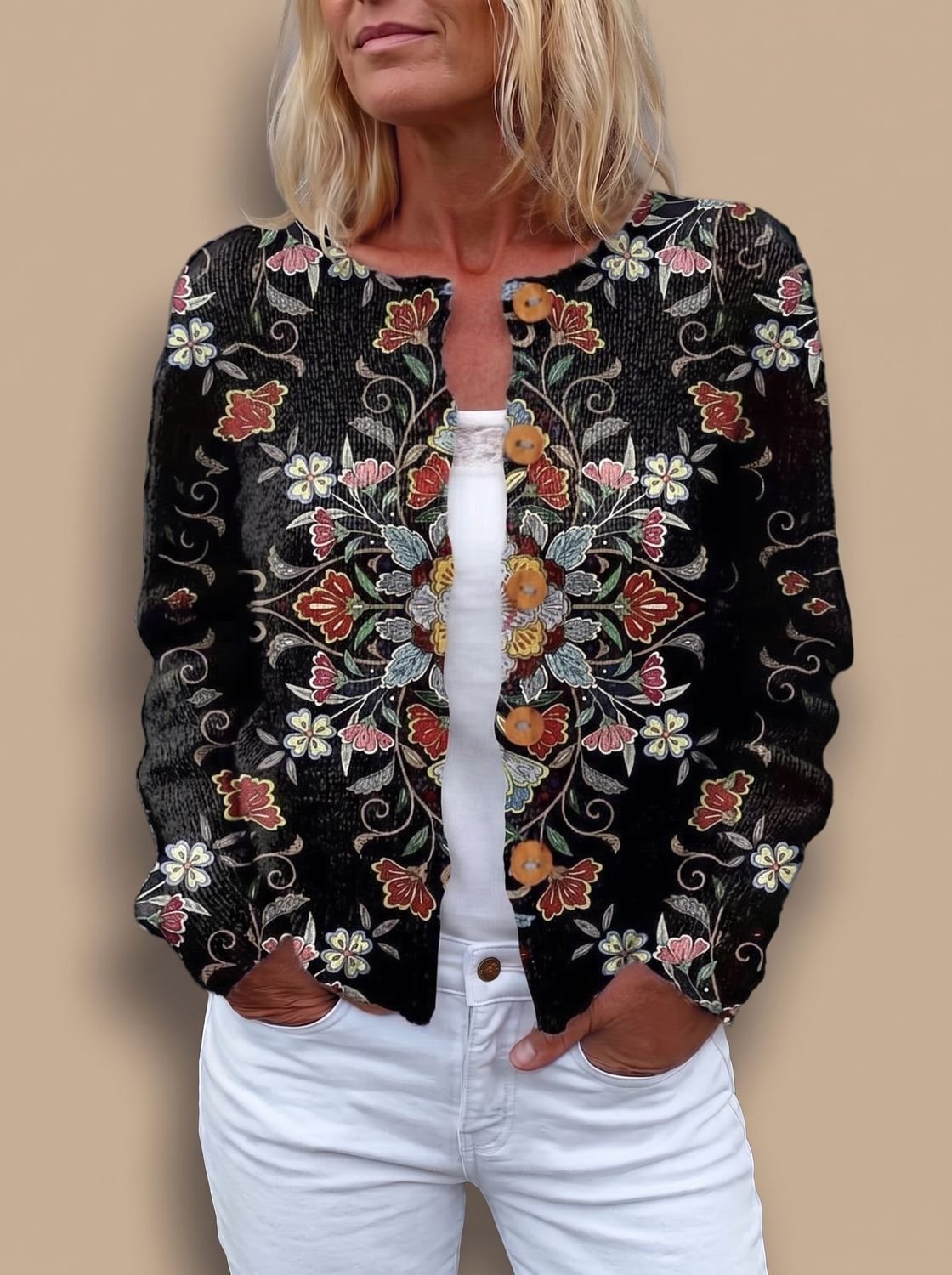 Women's Floral Long-Sleeve Knit Button-Front Cardigan - Black