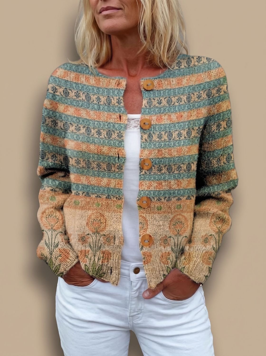 Women's Floral Long-Sleeve Knit Button-Front Cardigan - Green