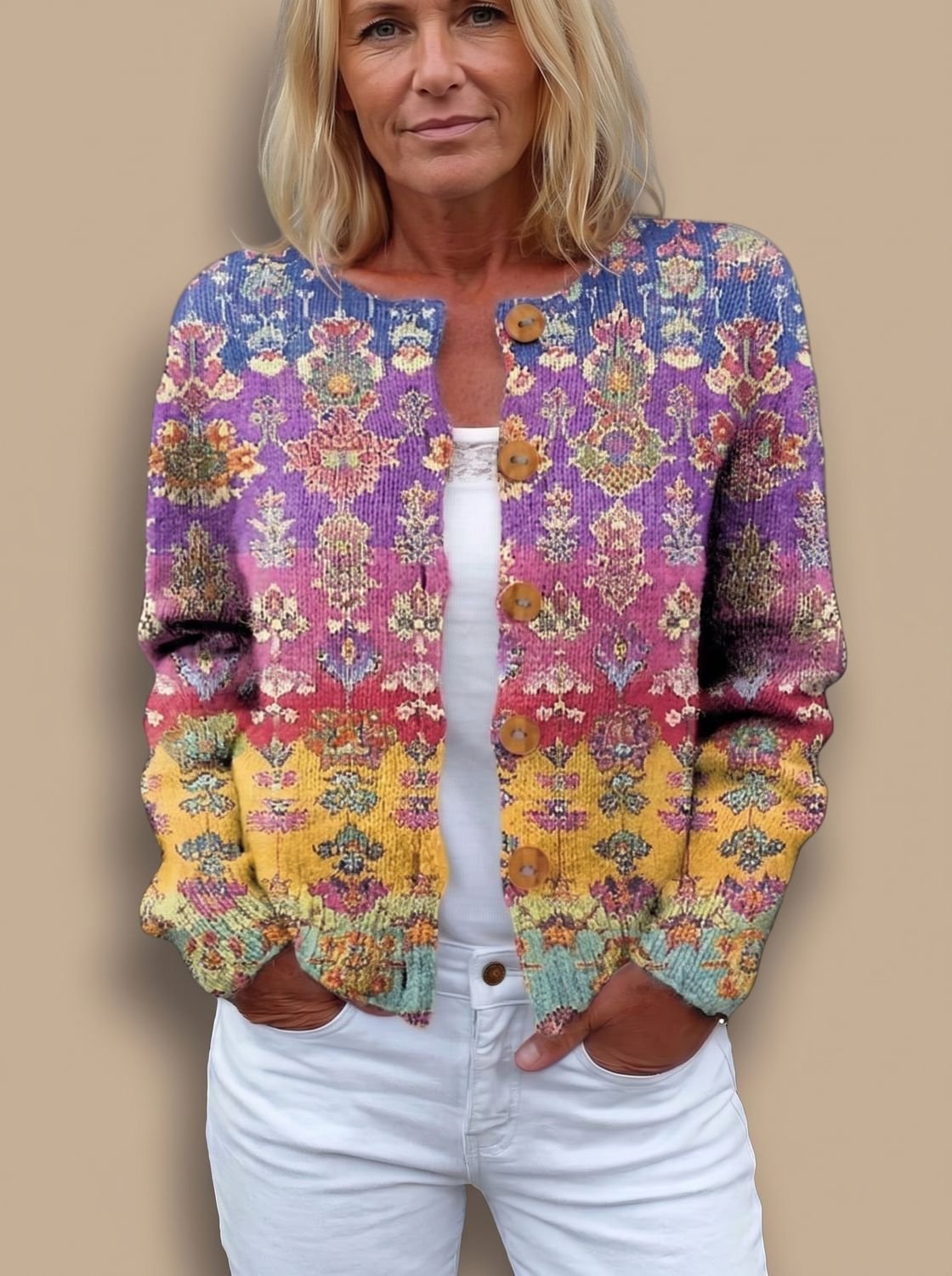 Women's Floral Long-Sleeve Knit Button-Front Cardigan